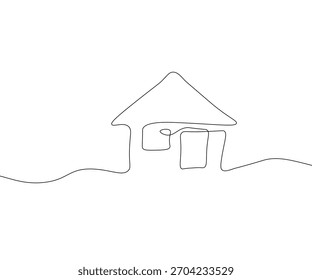 Dibujo minimalista de una sola línea de una casa simple con un techo inclinado y una puerta.