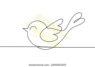 Minimalistische einzelne Linie, die einen kleinen Vogel einen Zweig mit gelbem abstraktem Tier zeichnet