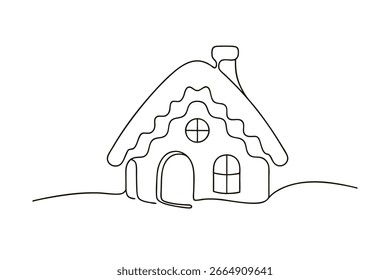 Línea única minimalista que dibuja una casa de Navidades cubierta de nieve con chimenea