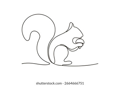 Minimalista línea única dibujando una ardilla sosteniendo una nuez animal fauna