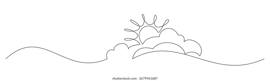 Un dibujo minimalista de una sola línea del sol que se levanta detrás de las nubes. Ideal para el logotipo, carteles, ilustraciones de la naturaleza y Diseño gráfico.