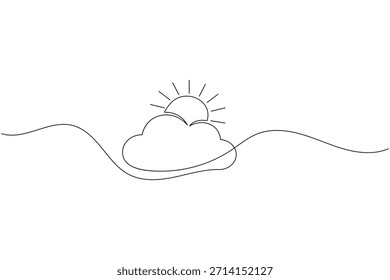 Dibujo minimalista de una sola línea de sol detrás de una nube sobre un horizonte ondulado