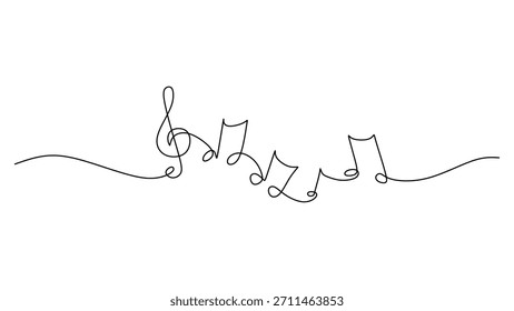 Desenho minimalista de linha única de uma clave aguda. Contorno vetorial simples, isolado em um fundo branco, representa um conceito moderno de melodia e música.