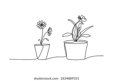 Minimalist single line drawing of two potted plants daisies and leaves in simple style