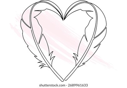 Minimalist single line drawing two feathers forming a heart shape brush strokes love