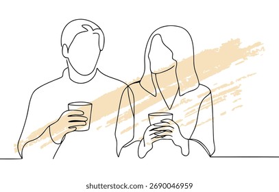Minimalista linha única desenhando duas pessoas segurando copos com bege abstrato formas par