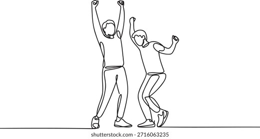 Dibujo minimalista de una sola línea de dos hombres animando con los brazos levantados. El arte lineal continuo representa el éxito y la victoria de la celebración. Ilustración vectorial de personas felices celebrando juntos.
