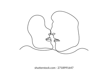 Desenho de linha única minimalista de dois rostos beijando