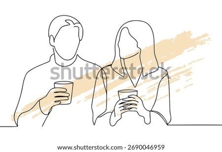 Minimalist single line drawing two people holding cups with beige abstract shapes couple