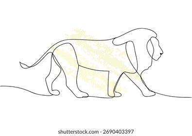 Línea única minimalista que dibuja un león caminante con la fauna animal abstracta amarilla