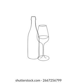 Minimalist single line drawing a wine bottle glass Continous line drink beverage