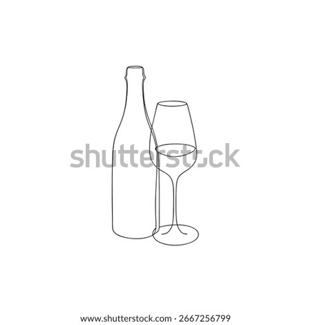 Minimalist single line drawing a wine bottle glass Continous line drink beverage