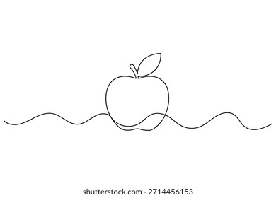 Minimalist single one line drawing of an apple with stem and leaf, isolated on white background
