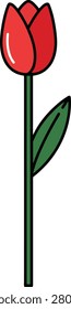 Minimalist Single Red Tulip Flower With Green Stem and One Leaf Isolated on Plain White Background