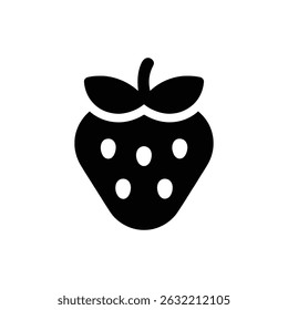 A minimalist, single strawberry fruit with stem and leaves. Simplified black symbol isolated on a transparent background.