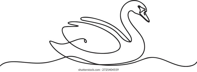 Ilustración vectorial minimalista de un solo golpe que muestra un hermoso pájaro cisne con cuello curvo largo nadando con calma en una elegante obra de arte de superficie de agua ondulada.