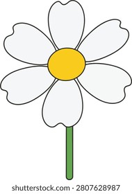Minimalist Single White Daisy Bloom With Thin Black Outlines and Yellow Middle on a Blank White Empty Background