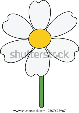 Minimalist Single White Daisy Bloom With Thin Black Outlines and Yellow Middle on a Blank White Empty Background