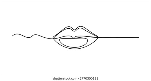 A minimalist single-line drawing captures the sensuous curve of human lips, with a gentle wave leading into the form. Vector, illustration