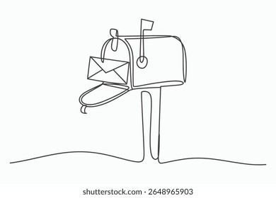 A minimalist, single-line drawing of a classic American mailbox with an envelope inside and a flag raised. The artwork features a clean, modern aesthetic against a stark white background.