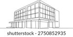A minimalist single-line drawing depicting a modern, geometric building with prominent large windows against a white background.