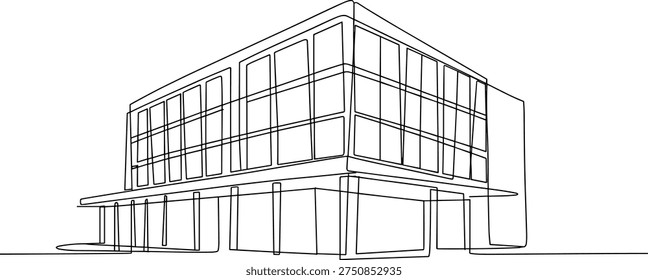 A minimalist single-line drawing depicting a modern, geometric building with prominent large windows against a white background.