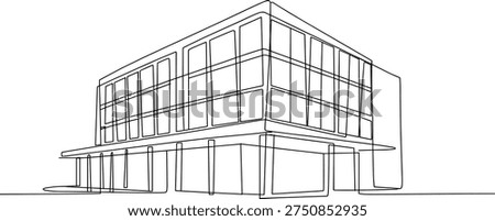 A minimalist single-line drawing depicting a modern, geometric building with prominent large windows against a white background.