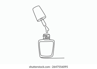 Um desenho minimalista, de uma única linha retrata uma garrafa de esmalte de unha com seu pincel pingando uma única gota de esmalte de volta na garrafa aberta.