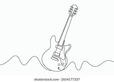 A minimalist, single-line drawing depicts an electric guitar with its body and neck. Below the instrument, wavy lines suggest abstract sound waves or musical rhythm.