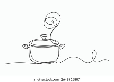 Um desenho minimalista, de linha única, representa um vaso fumegante com uma tampa. A contínua arte da linha preta cria uma sensação de calor e o aroma de cozinhar alimentos.