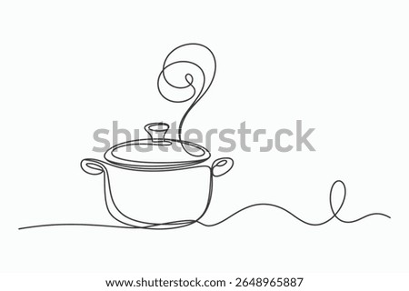 A minimalist, single-line drawing depicts a steaming pot with a lid. The continuous black line art creates a sense of warmth and the aroma of cooking food.