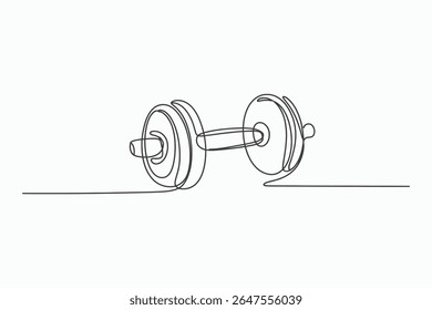Um desenho minimalista, em linha única, de um haltere contra um fundo branco limpo. Esta representação abstrata captura a essência do treinamento de aptidão e força com linhas simples e elegantes.