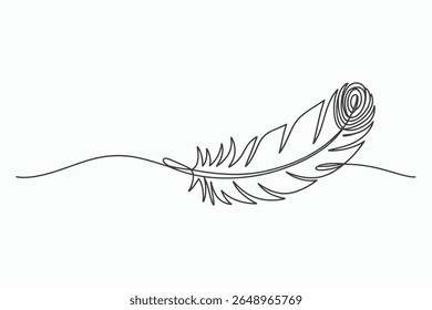 A minimalist, single-line drawing of a feather with a wavy line underneath. The artwork is clean and modern, perfect for conveying themes of lightness, freedom, and creativity.