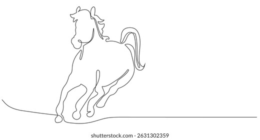 Um desenho minimalista em linha única de um cavalo gracioso, elegante e artístico.