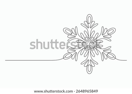 A minimalist, single-line drawing of a snowflake against a stark white background. The continuous line creates a delicate and elegant winter motif, perfect for seasonal designs.