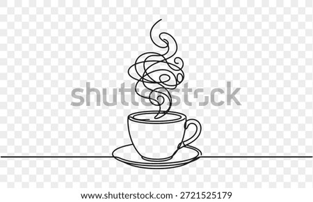 A minimalist single-line drawing of a steaming hot cup of coffee or tea, featuring elegant swirling aroma clouds in a modern and clean aesthetic.