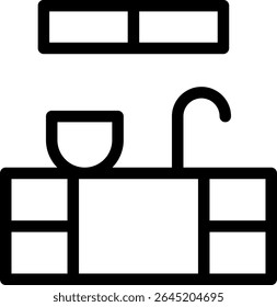Ícone de pia minimalista: Um ícone elegante e minimalista de uma pia de cozinha com uma torneira e armários, desenhado em um estilo de contorno simples