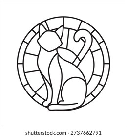 A minimalist sitting cat silhouette captured in a sleek circular stained glass window frame. This elegant design blends modern geometric lines with timeless feline grace, creating a sophisticated focal point perfect for contemporary home decor and artistic digital projects.