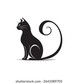 Minimalist Sitting Cat Silhouette with Curled Spiral Tail Black and White Vector Illustration