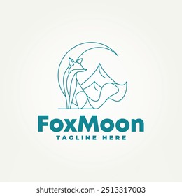 raposa sentada minimalista com lua crescente e montanhas linha arte ícone logotipo vetor ilustração design. logotipo moderno simples adequado para marca um negócio