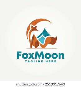minimalist sitting fox with crescent moon and mountains flat icon logo vector illustration design. simple modern logo suitable for branding a business