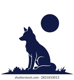 Minimalist sitting wolf silhouette under full moon at night