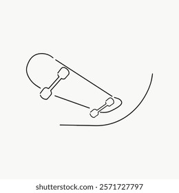 Minimalist skateboard line art, simple design. Skateboard illustration with clean lines, capturing motion. Perfect for skateboarding enthusiasts. Simple black line art doodle vector.