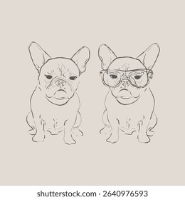 Minimalist sketch of 2 French Bulldogs with expressive faces and poses. Perfect for prints, decor, apparel, and dog-themed designs.