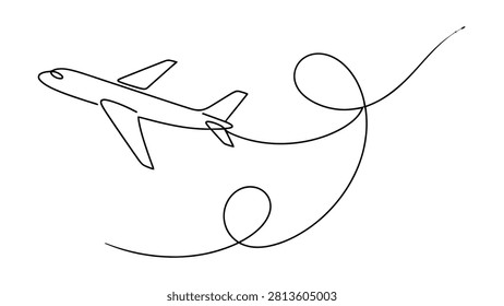 Minimalist sketch of an airplane emitting two curved smoke trails behind it