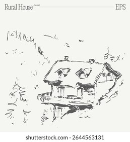 A Minimalist Sketch Depicting a Charming Rural House Nestled Within Serene Nature Surroundings