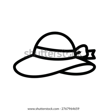 A minimalist sketch depicts a sun visor, featuring a curved brim and a decorative ribbon tied at the back. The image is entirely in black and white lines.