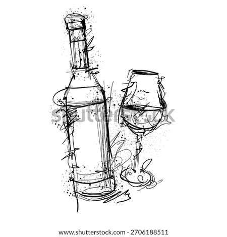 A minimalist sketch features a wine bottle beside a glass, capturing the essence of wine culture. The drawing uses simple lines and patterns to convey warmth.