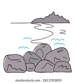 A minimalist sketch featuring a cluster of rounded grey rocks in the foreground with a distant island and sea waves in the background