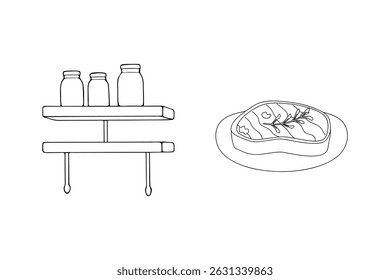 Esboço minimalista de bife com alecrim e frascos de despensa nas prateleiras da cozinha